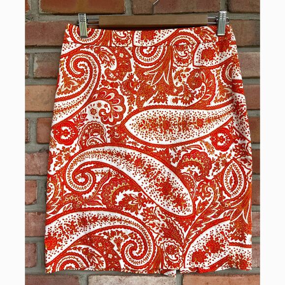 J.Crew Factory, Size 4, Pencil Skirt, Orange, White, Gold Paisley Print, Cotton - Picture 1 of 7